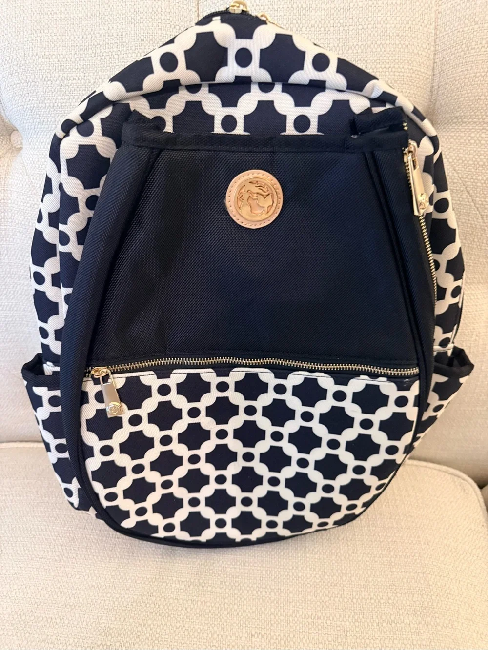 Spartina 449 Black and White Geometric Tennis Backpack with Gold Accents
